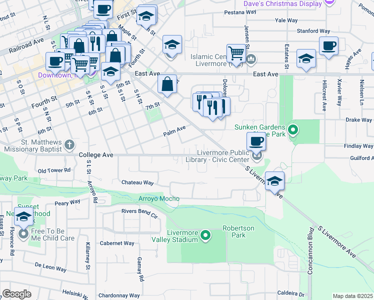 map of restaurants, bars, coffee shops, grocery stores, and more near 941 Acacia Way in Livermore