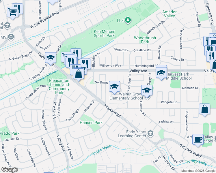 map of restaurants, bars, coffee shops, grocery stores, and more near 2307 Bay Meadows Circle in Pleasanton