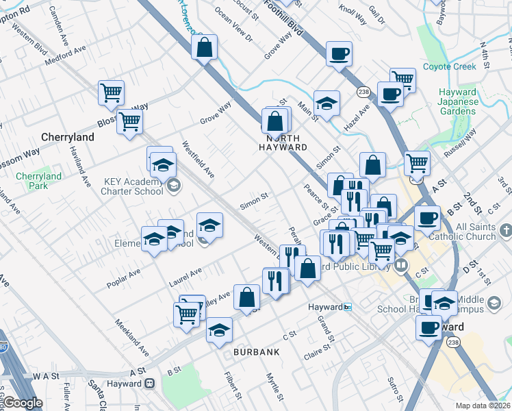 map of restaurants, bars, coffee shops, grocery stores, and more near 574 Simon Street in Hayward