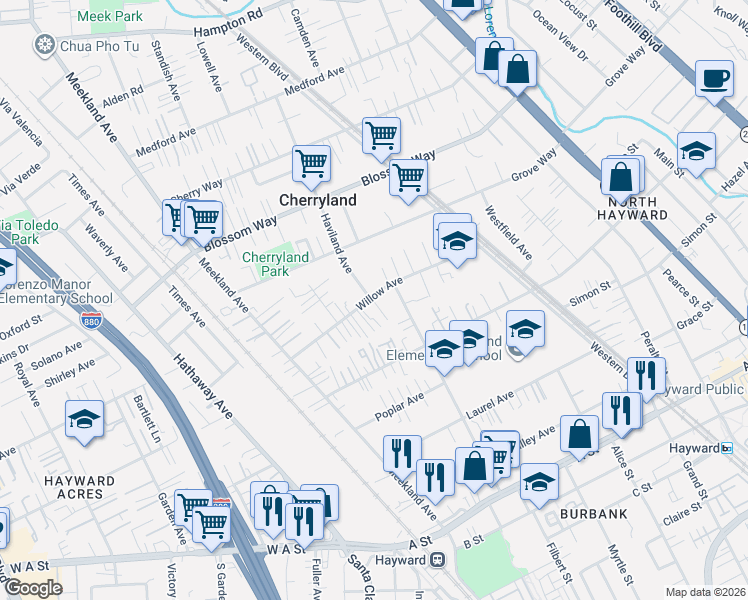 map of restaurants, bars, coffee shops, grocery stores, and more near 418 Willow Avenue in Hayward