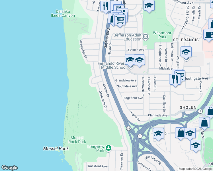 map of restaurants, bars, coffee shops, grocery stores, and more near in Daly City