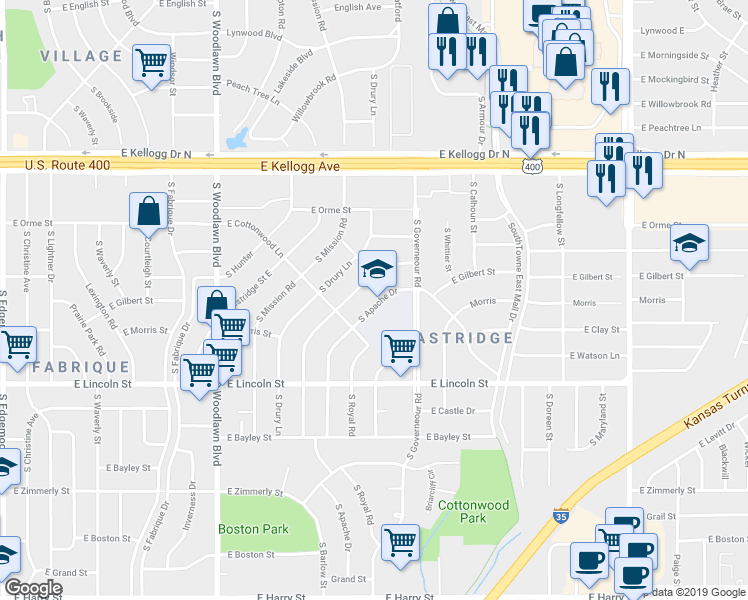 map of restaurants, bars, coffee shops, grocery stores, and more near 634 South Barlow Street in Wichita