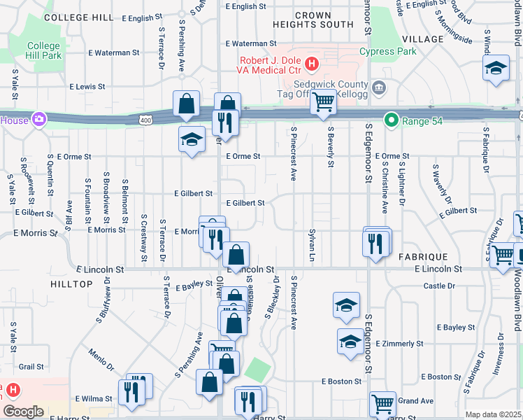 map of restaurants, bars, coffee shops, grocery stores, and more near 4926 East Gilbert Street in Wichita