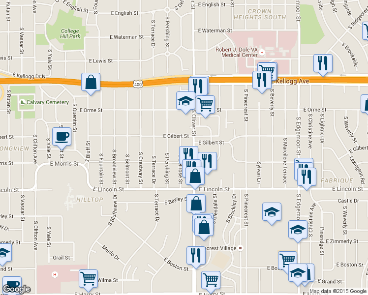 map of restaurants, bars, coffee shops, grocery stores, and more near 4701-4799 East Gilbert Street in Wichita