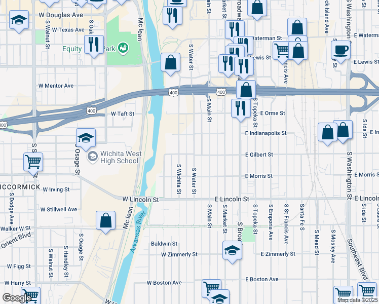 map of restaurants, bars, coffee shops, grocery stores, and more near 911 South Water Street in Wichita