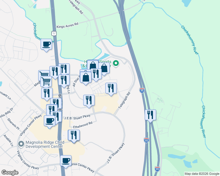 map of restaurants, bars, coffee shops, grocery stores, and more near 10101 Brook Road in Glen Allen