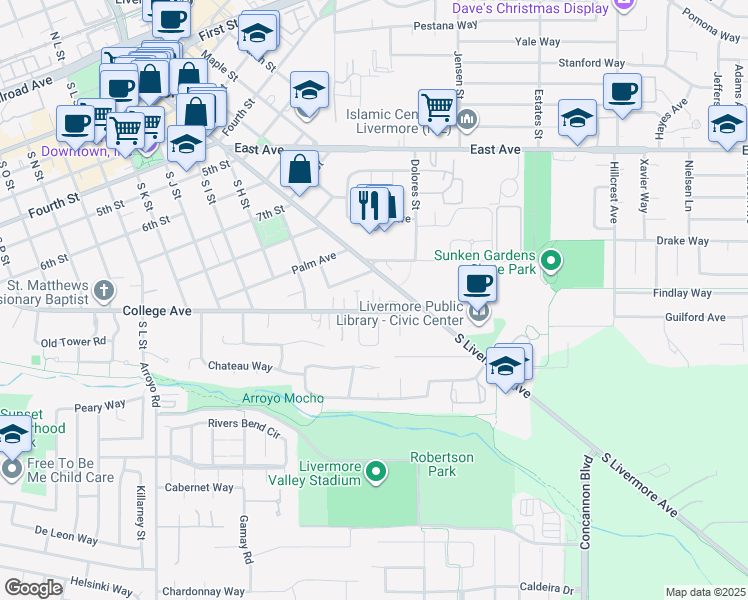 map of restaurants, bars, coffee shops, grocery stores, and more near 2744 College Avenue in Livermore