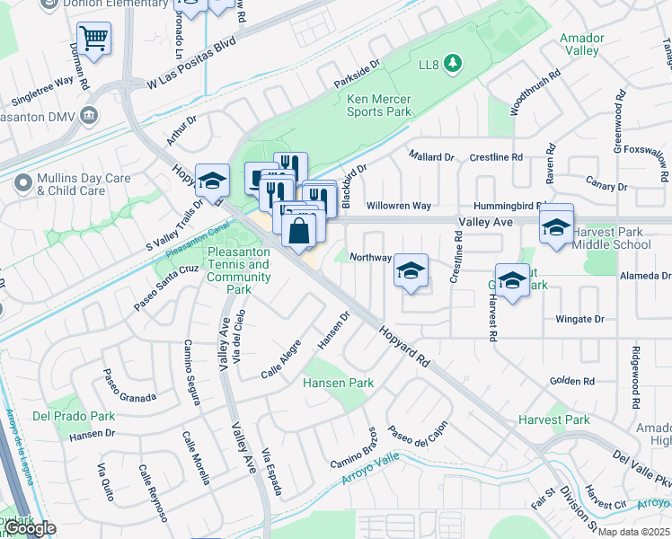 map of restaurants, bars, coffee shops, grocery stores, and more near 2550 Secretariat Drive in Pleasanton