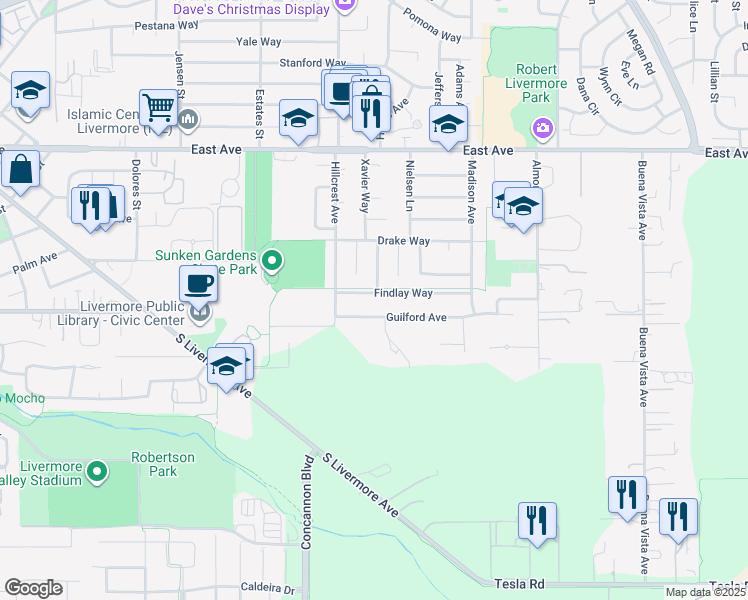 map of restaurants, bars, coffee shops, grocery stores, and more near 4067 Findlay Way in Livermore