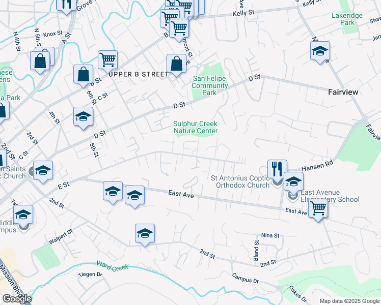 map of restaurants, bars, coffee shops, grocery stores, and more near 1856 E Street in Hayward