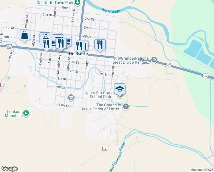 map of restaurants, bars, coffee shops, grocery stores, and more near 745 French Street in Del Norte
