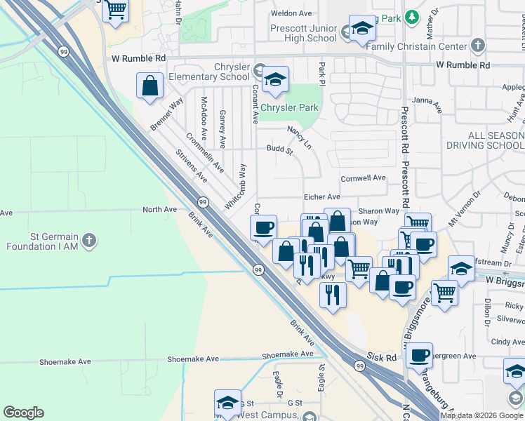 map of restaurants, bars, coffee shops, grocery stores, and more near 2433 Eicher Avenue in Modesto