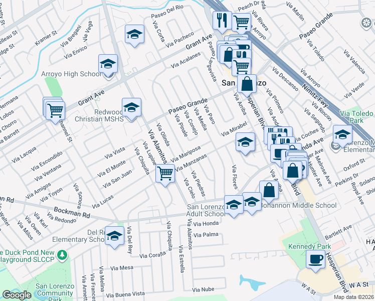 map of restaurants, bars, coffee shops, grocery stores, and more near 891 Via Mariposa in San Lorenzo