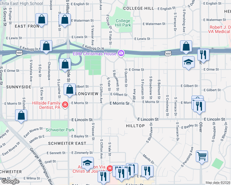 map of restaurants, bars, coffee shops, grocery stores, and more near 632 South Yale Street in Wichita