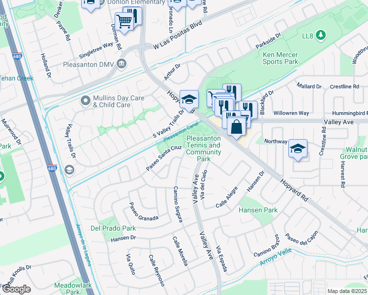 map of restaurants, bars, coffee shops, grocery stores, and more near 13611 Paseo Santa Cruz in Pleasanton