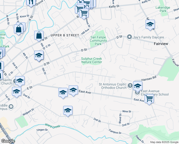 map of restaurants, bars, coffee shops, grocery stores, and more near 1856 E Street in Hayward