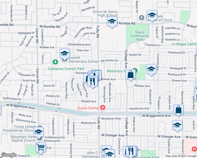 map of restaurants, bars, coffee shops, grocery stores, and more near Bowen Ave & Tully Rd in Modesto