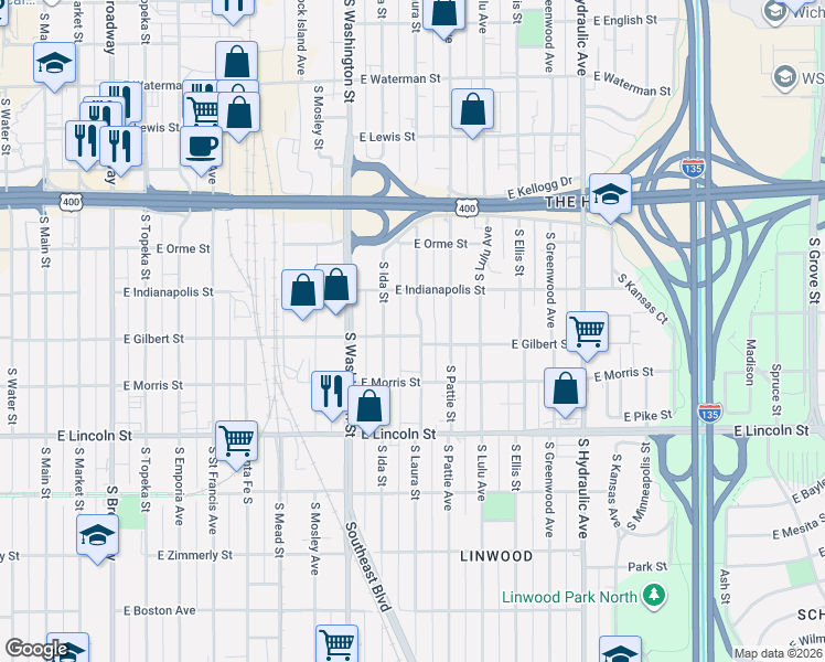 map of restaurants, bars, coffee shops, grocery stores, and more near 722 South Ida Street in Wichita