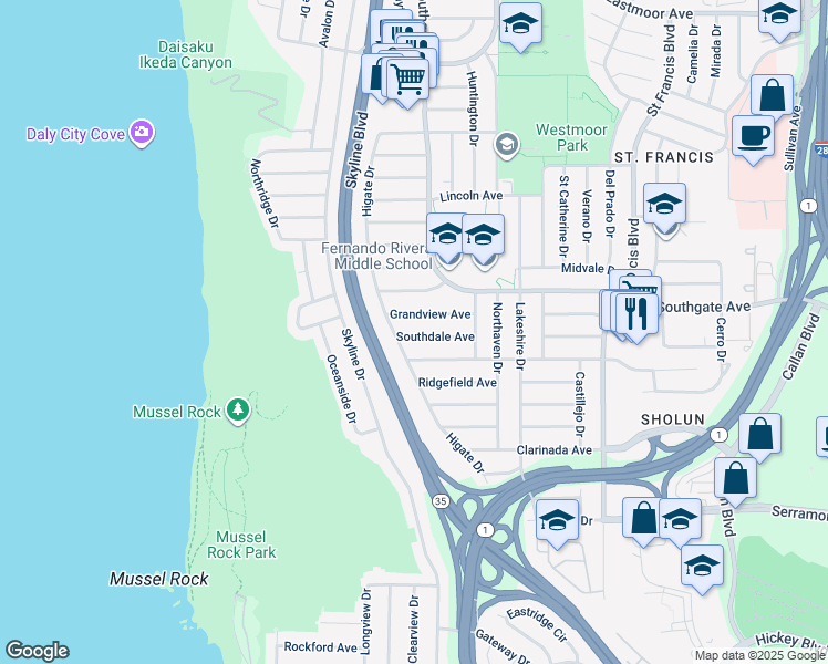 map of restaurants, bars, coffee shops, grocery stores, and more near 78 Southdale Avenue in Daly City