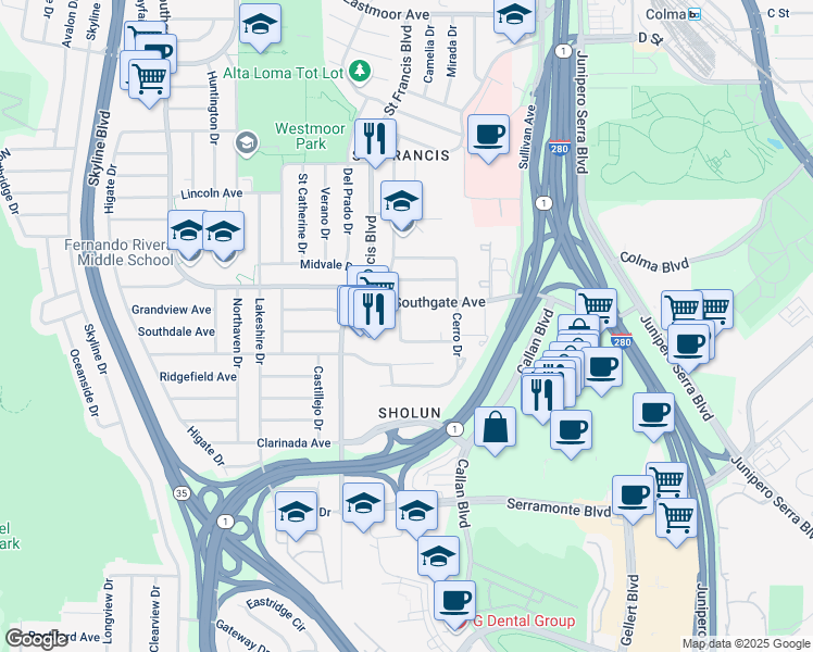 map of restaurants, bars, coffee shops, grocery stores, and more near 35 Escuela Drive in Daly City