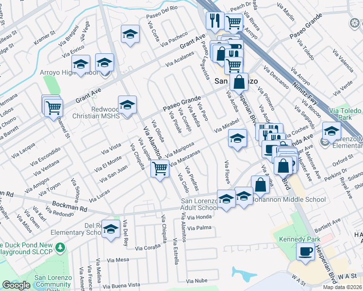 map of restaurants, bars, coffee shops, grocery stores, and more near 891 Via Mariposa in San Lorenzo