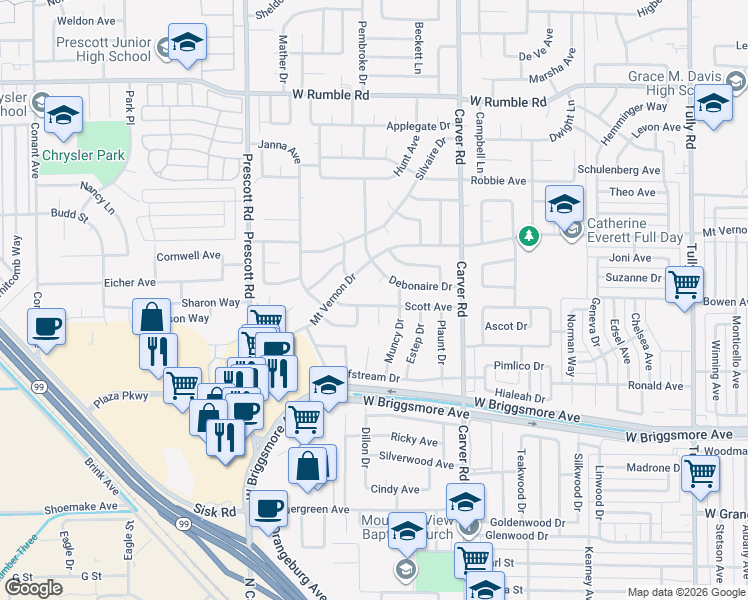 map of restaurants, bars, coffee shops, grocery stores, and more near 1917 Scott Avenue in Modesto