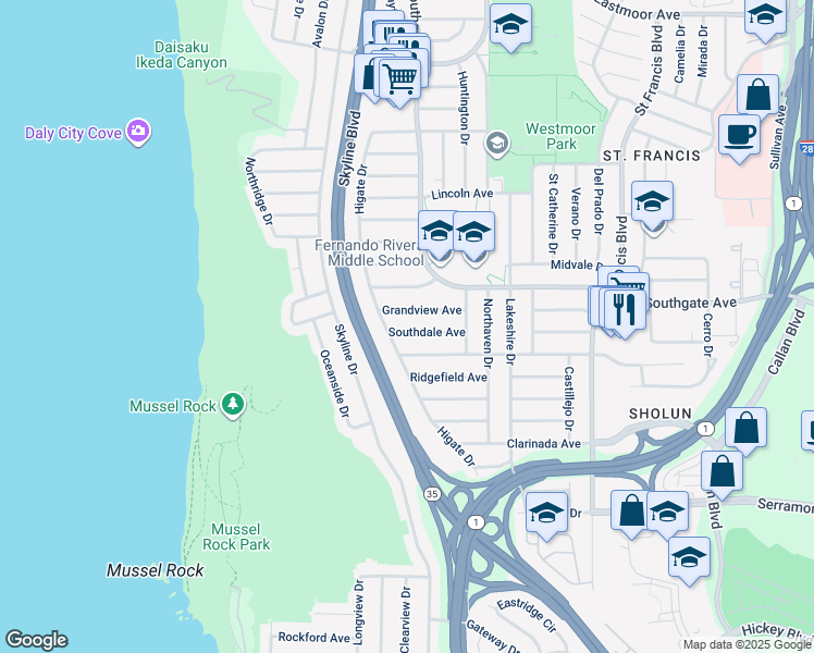 map of restaurants, bars, coffee shops, grocery stores, and more near 78 Southdale Avenue in Daly City