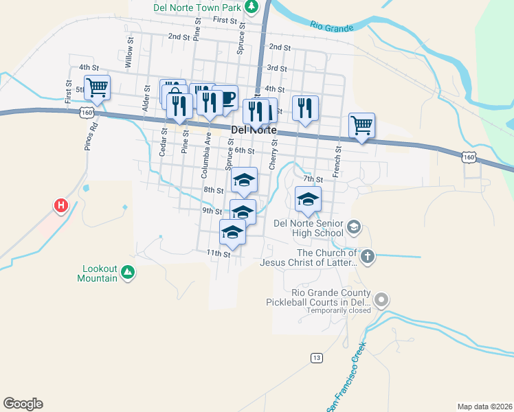 map of restaurants, bars, coffee shops, grocery stores, and more near 755 Cherry Street in Del Norte