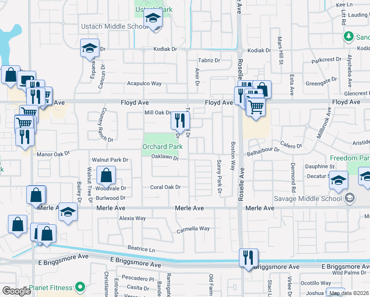 map of restaurants, bars, coffee shops, grocery stores, and more near 2300 Lawson Drive in Modesto