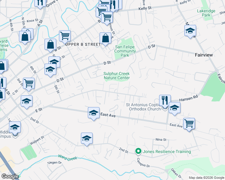 map of restaurants, bars, coffee shops, grocery stores, and more near 1827 Trym Street in Hayward
