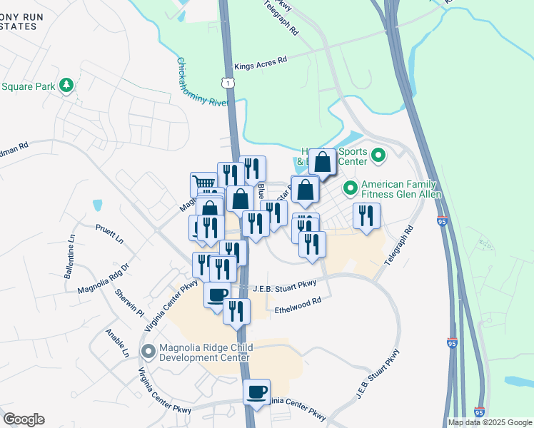 map of restaurants, bars, coffee shops, grocery stores, and more near 10165 Brook Rd in Glen Allen