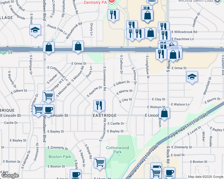 map of restaurants, bars, coffee shops, grocery stores, and more near 7114 East Gilbert Street in Wichita