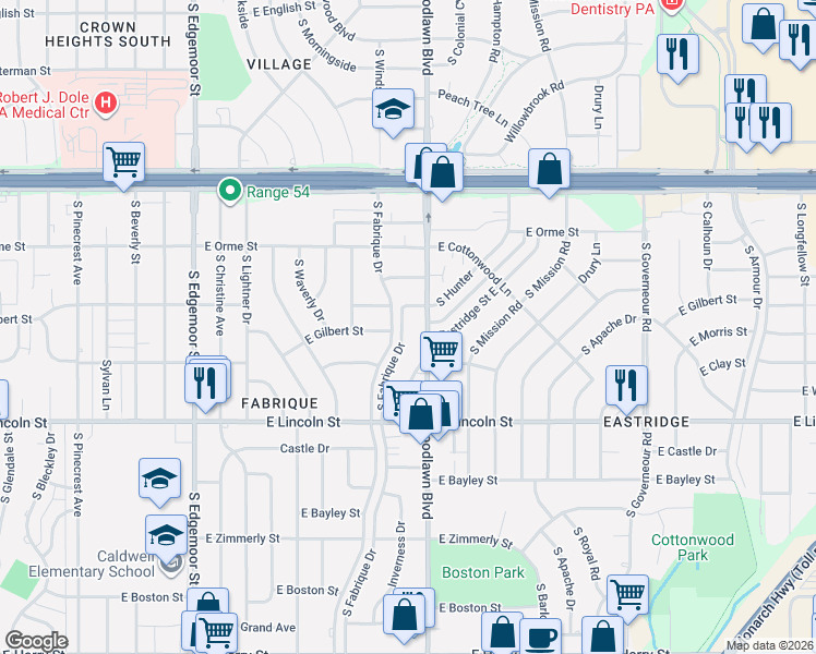 map of restaurants, bars, coffee shops, grocery stores, and more near 700 South Fabrique Drive in Wichita