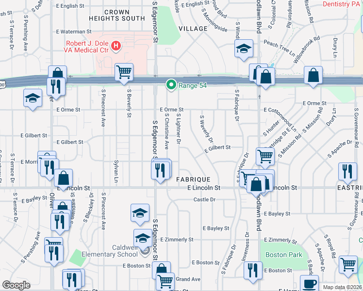 map of restaurants, bars, coffee shops, grocery stores, and more near 664 South Lightner Drive in Wichita