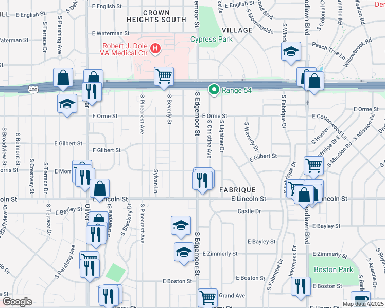 map of restaurants, bars, coffee shops, grocery stores, and more near 5499 East Gilbert Street in Wichita