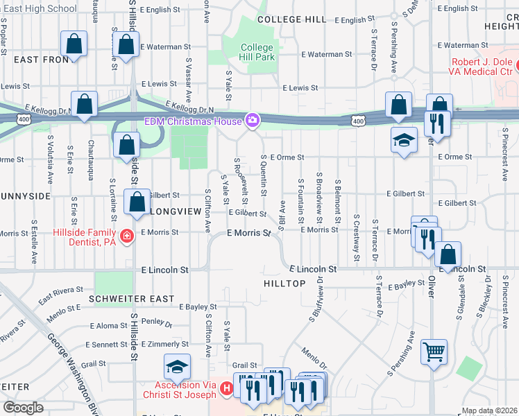 map of restaurants, bars, coffee shops, grocery stores, and more near 638 South Roosevelt Street in Wichita