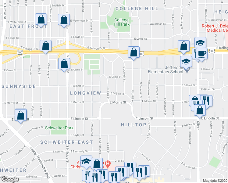 map of restaurants, bars, coffee shops, grocery stores, and more near 632 South Yale Street in Wichita
