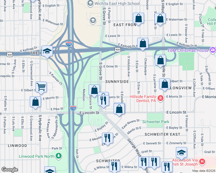 map of restaurants, bars, coffee shops, grocery stores, and more near 657 South Green Street in Wichita