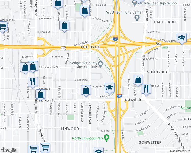 map of restaurants, bars, coffee shops, grocery stores, and more near 1612 East Gilbert Street in Wichita