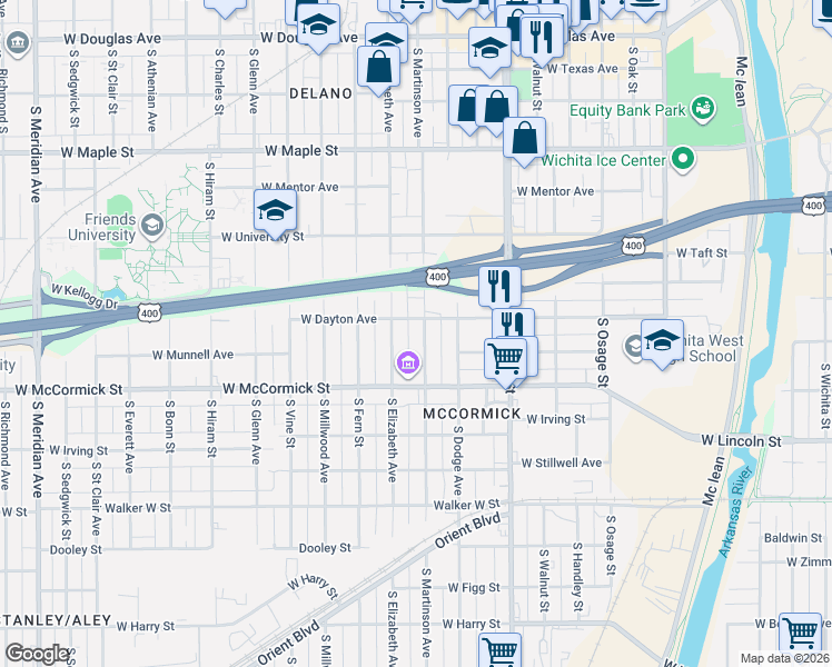 map of restaurants, bars, coffee shops, grocery stores, and more near 728 South Martinson Street in Wichita