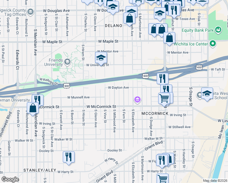 map of restaurants, bars, coffee shops, grocery stores, and more near 1704 South Millwood Avenue in Wichita