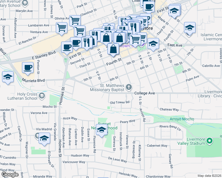 map of restaurants, bars, coffee shops, grocery stores, and more near 643 South O Street in Livermore