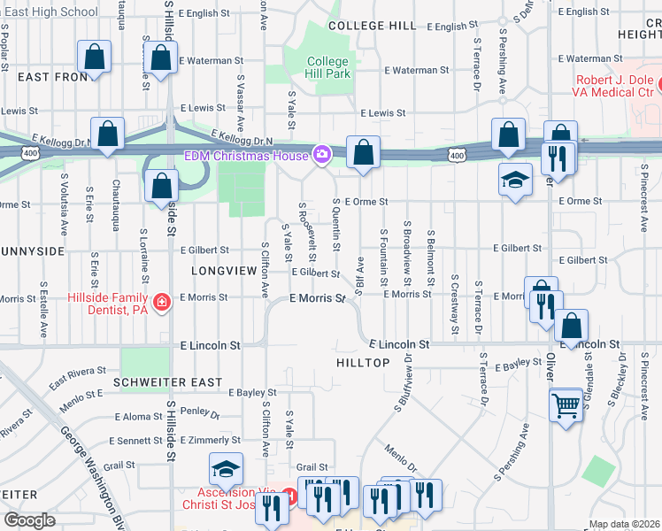 map of restaurants, bars, coffee shops, grocery stores, and more near 638 South Roosevelt Street in Wichita