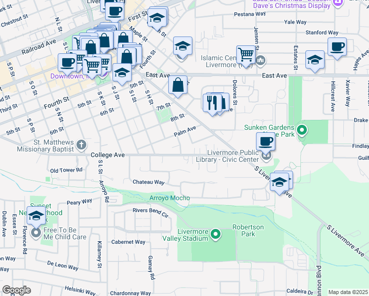 map of restaurants, bars, coffee shops, grocery stores, and more near in Livermore