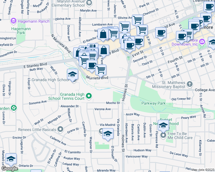 map of restaurants, bars, coffee shops, grocery stores, and more near 1009 Murrieta Boulevard in Livermore