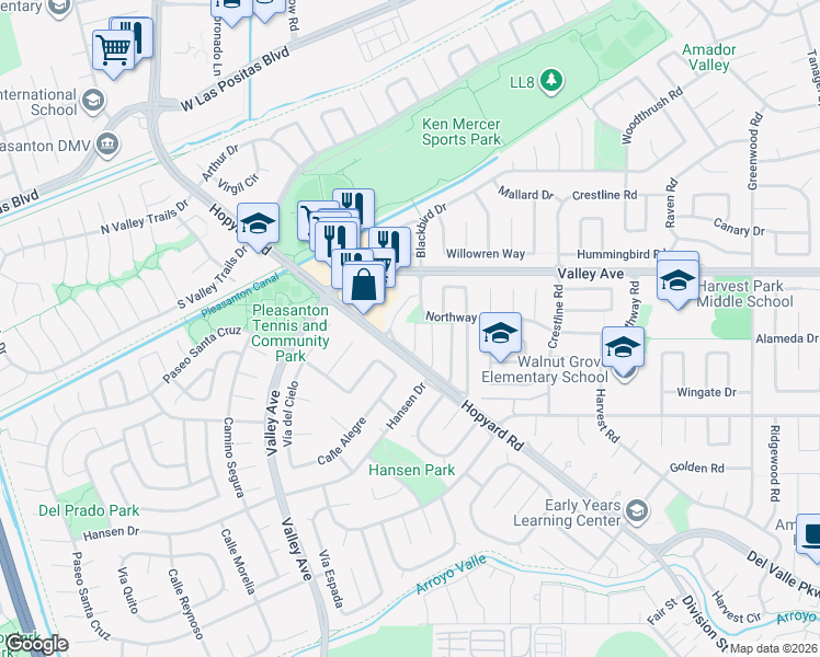 map of restaurants, bars, coffee shops, grocery stores, and more near 2523 Heatherlark Circle in Pleasanton