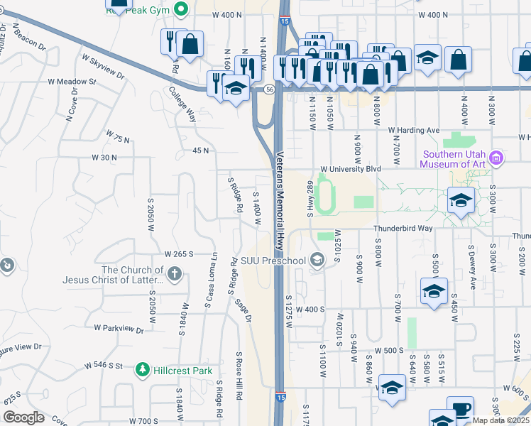map of restaurants, bars, coffee shops, grocery stores, and more near 165 South 1400 West in Cedar City