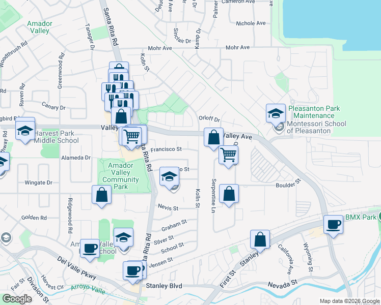 map of restaurants, bars, coffee shops, grocery stores, and more near 4034 Francisco Street in Pleasanton