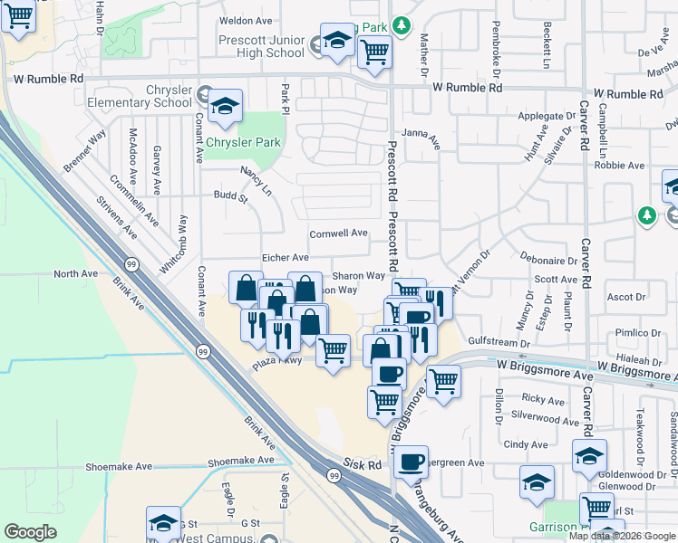 map of restaurants, bars, coffee shops, grocery stores, and more near 2130 Eicher Avenue in Modesto