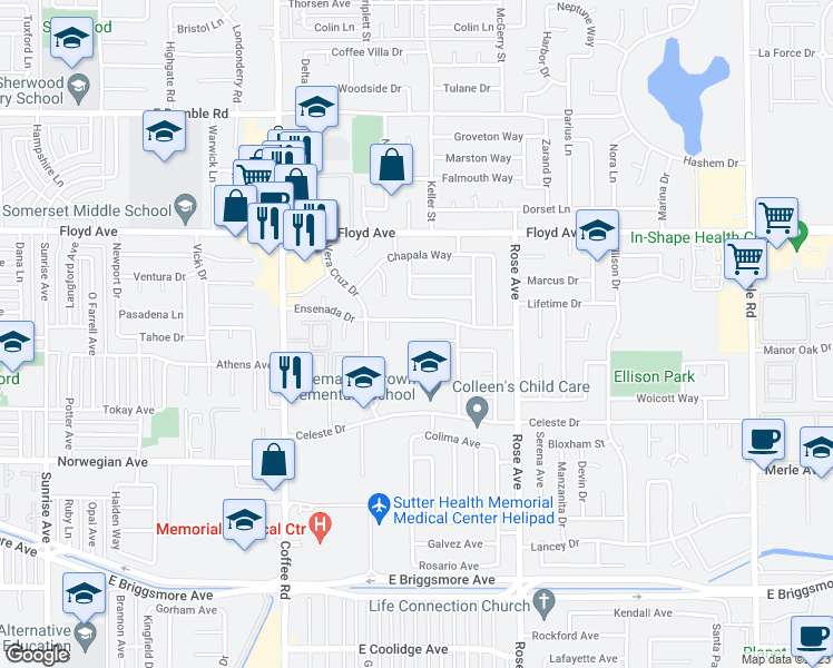 map of restaurants, bars, coffee shops, grocery stores, and more near 1509 Cabrillo Court in Modesto